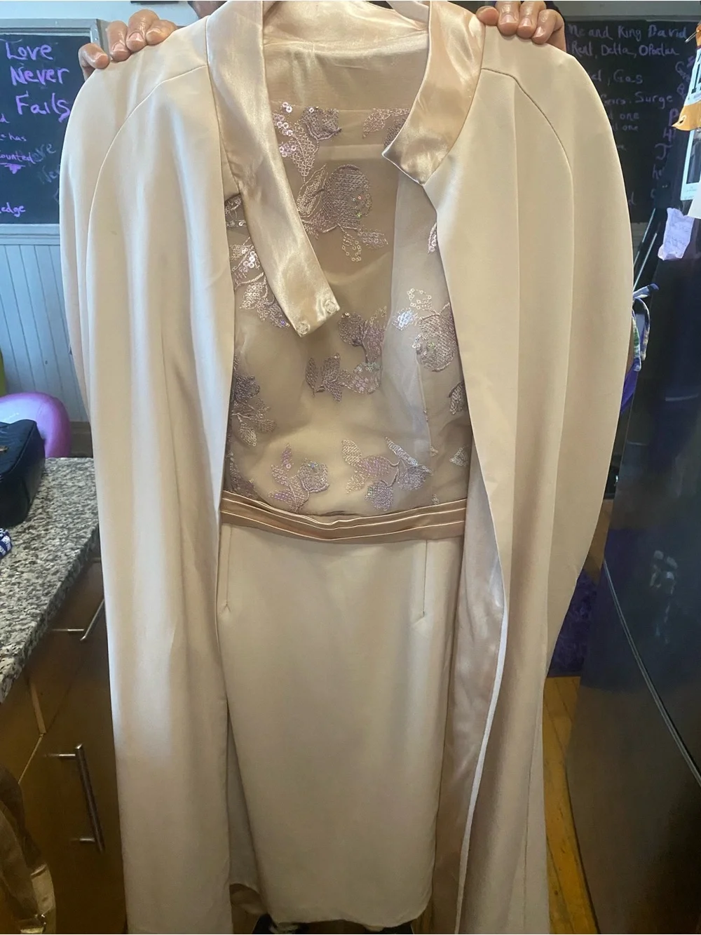 Champagne Satin Dress & Cape Set with Embroidered Bodice